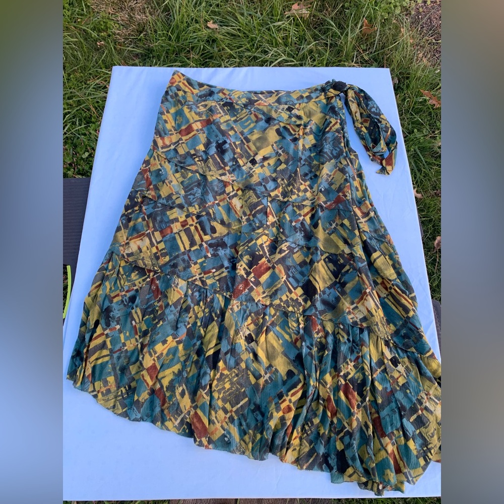 JOSEPHINE CHAUS  Lined Silk Asymmetric Hem  Ruffle Skirt Sz 12 Blue Green Y2k